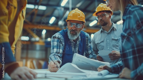 a construction engineer in a meeting with architects and project managers, reviewing plans and making critical decisions for the project.