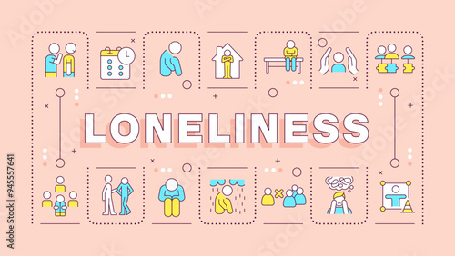 Loneliness pastel pink word concept. Mental wellbeing, relationships difficulties. Typography banner. Vector illustration with title text, editable icons color. Hubot Sans font used