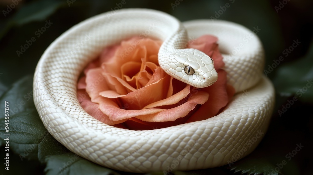Fototapeta premium Striking composition of a white snake coiled around a rose, emphasizing the contrast between beauty and mystery.