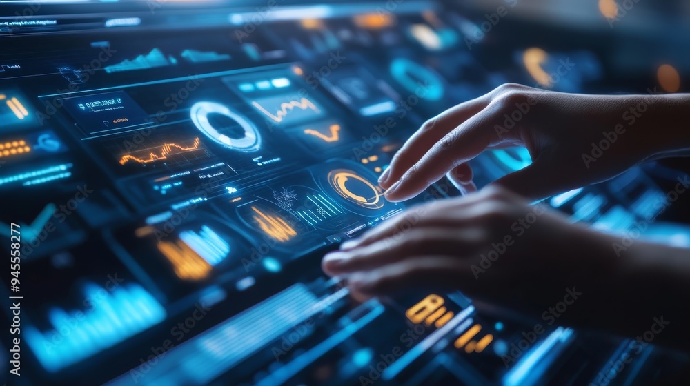 Close-up of hands selecting options on a holographic dashboard, with floating widgets and graphs. Close-up of hands selecting options on a holographic dashboard, with floating widgets and graphs.