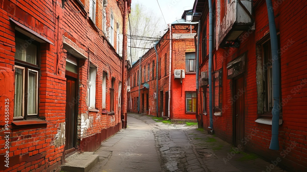 A narrow street in Moscow, Russia, flanked by red brick houses, capturing the charming and historic architecture of the area. A narrow street in Moscow, Russia, flanked by red brick houses, capturing the charming and historic architecture of the area.