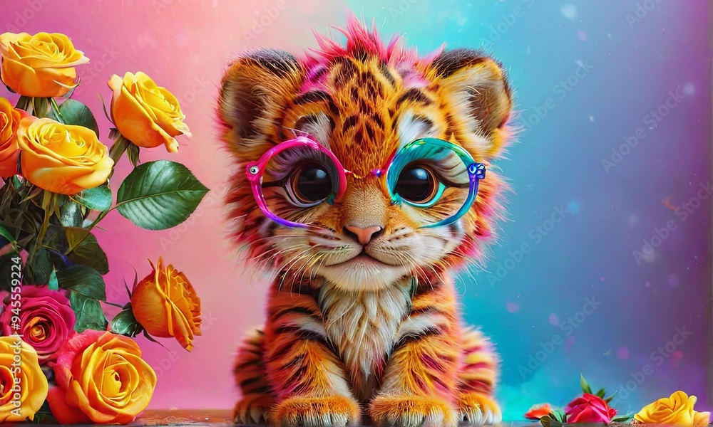 Cute Tiger Cub with Colorful Glasses Cute Tiger Cub with Colorful Glasses