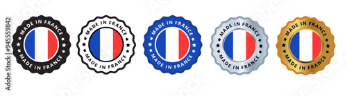 Made in france set of sign stamp badge, with varian color blue, silver, gold, black suitable for products manufactured, military, agriculture or food vector illustration eps editable text
