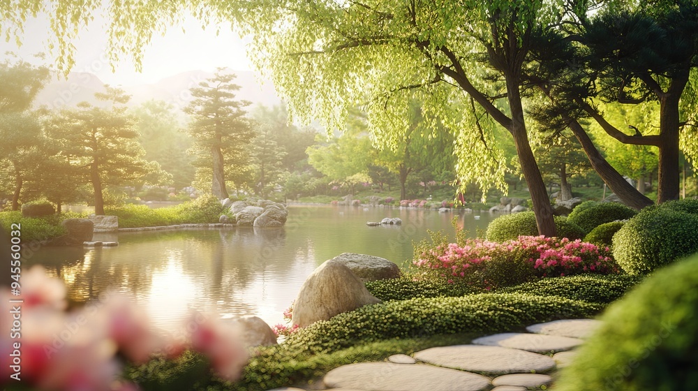 A picturesque Japanese park on a sunny day, showcasing lush greenery, serene pathways, and traditional elements like koi ponds or pagodas, all bathed in bright, natural light. A picturesque Japanese park on a sunny day, showcasing lush greenery, serene pathways, and traditional elements like koi ponds or pagodas, all bathed in bright, natural light.