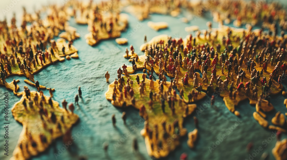Obraz premium A map of the world is populated with many small human figures, symbolizing global population and diversity.