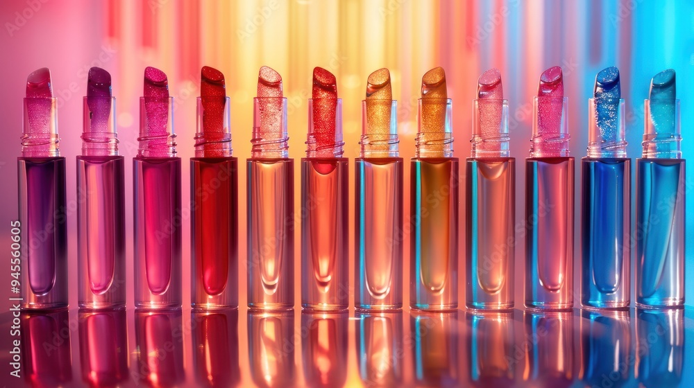 a set of vibrant, colorful lip glosses in transparent tubes, arranged in a semi-circle on a glossy background. a set of vibrant, colorful lip glosses in transparent tubes, arranged in a semi-circle on a glossy background.