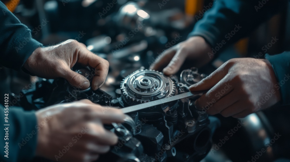 Close-up of technical hands adjusting the timing belt on an engine, ensuring precise alignment in repair shop. Close-up of technical hands adjusting the timing belt on an engine, ensuring precise alignment in repair shop.
