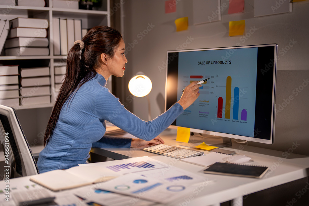 A woman is working on a computer with a presentation on a screen A woman is working on a computer with a presentation on a screen