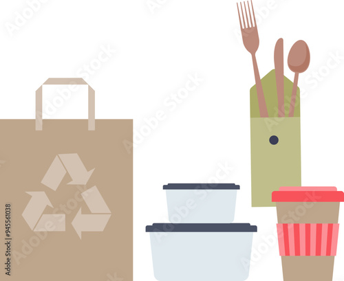 Eco-friendly packaging concept with recyclable paper bag, utensils, and containers.