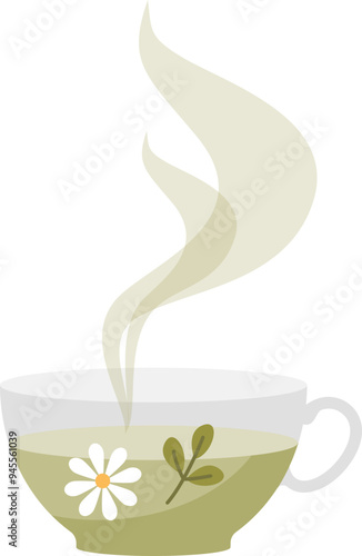 A steaming cup of herbal tea with a daisy and leaves, symbolizing natural wellness.
