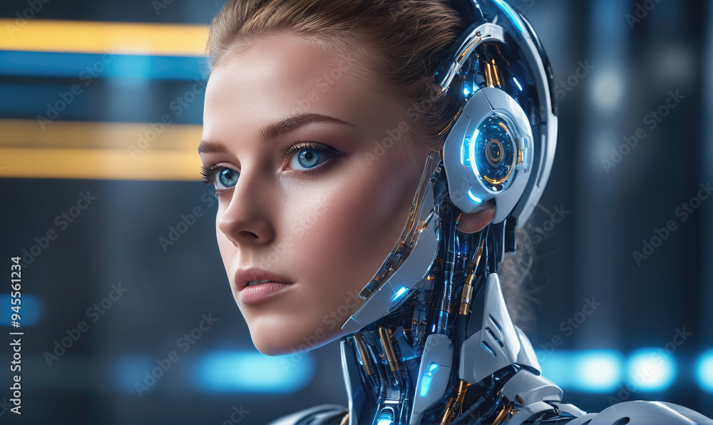 A female android with blue eyes looks off to the side, her cybernetic head and neck illuminated by glowing lights A female android with blue eyes looks off to the side, her cybernetic head and neck illuminated by glowing lights