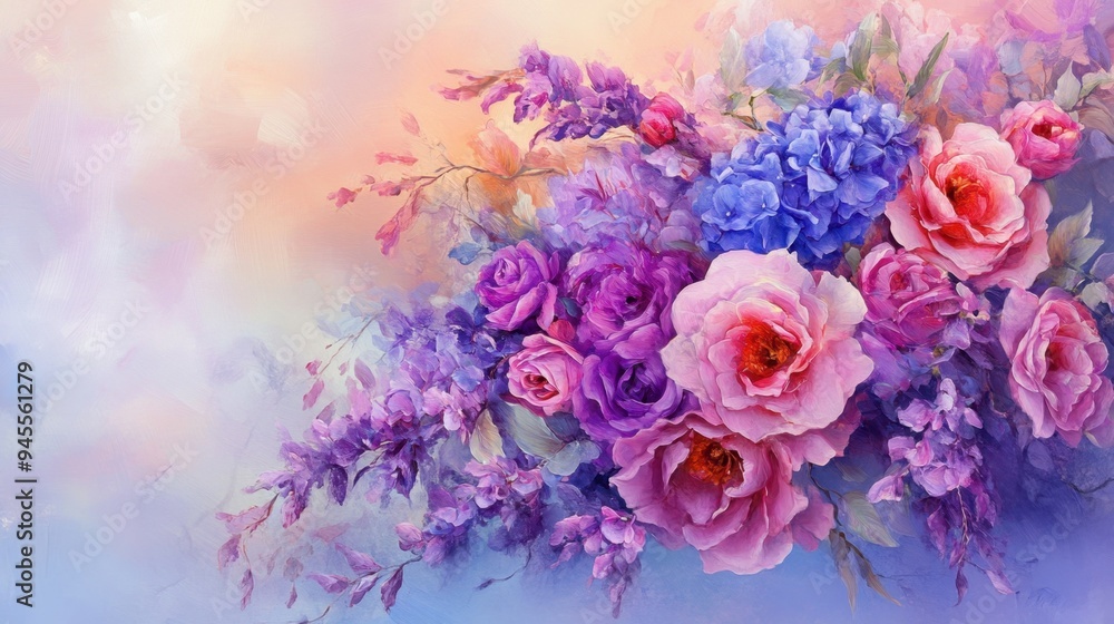 Vibrant bouquet of purple and pink flowers set against a soft pastel background, creating a charming, delicate composition. Vibrant bouquet of purple and pink flowers set against a soft pastel background, creating a charming, delicate composition.
