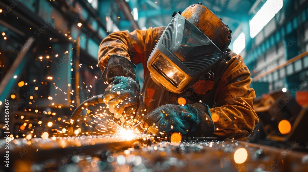 a technician welding parts on a large piece of farming equipment, with sparks flying and a focus on the safety gear being used a technician welding parts on a large piece of farming equipment, with sparks flying and a focus on the safety gear being used