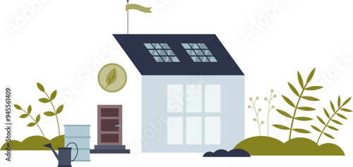 Illustration of a house with solar panels, plants, and a rain barrel, symbolizing sustainability.