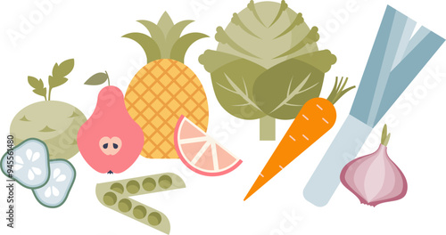 Assorted organic fruits and vegetables illustration, symbolizing fresh, natural produce.