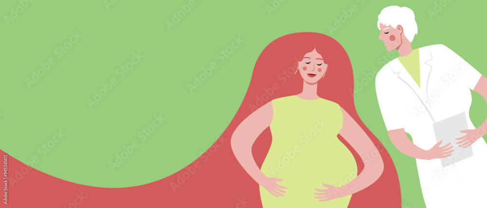 Consultation with a gynecologist of a pregnant woman, flat vector stock illustration or copy space template with space for text Consultation with a gynecologist of a pregnant woman, flat vector stock illustration or copy space template with space for text