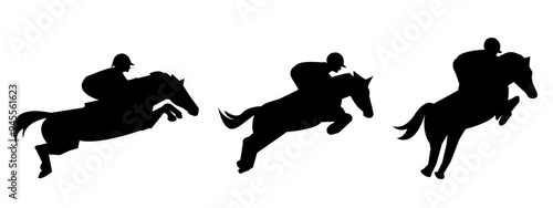 silhouette set of horse and jockey with action, poses. equestrian sport, horse racing. vector illustration.