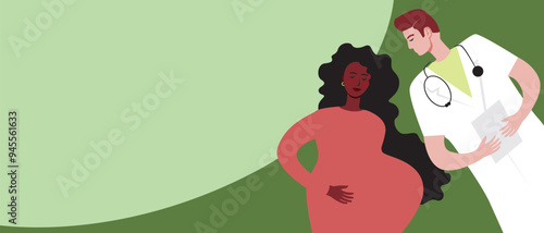 Consultation with a gynecologist of a pregnant woman before childbirth, flat vector stock illustration or copy space template for overlay