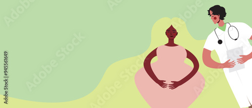 Consultation with a gynecologist of a black pregnant woman, flat vector stock illustration or copy space template with space for text