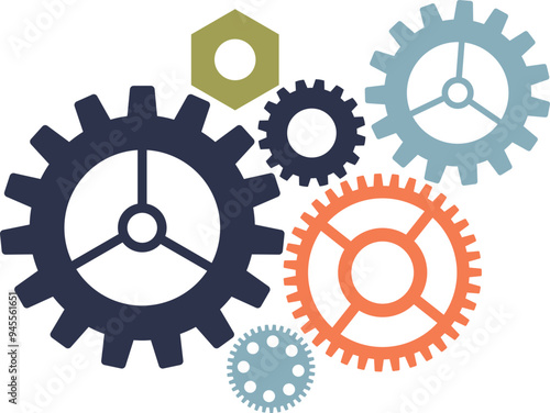 Assorted colorful gears interlocking, symbolizing teamwork and mechanical concepts.