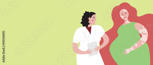 Gynecologist doctor in clinic with pregnant woman with vitiligo, flat vector stock illustration or copy space