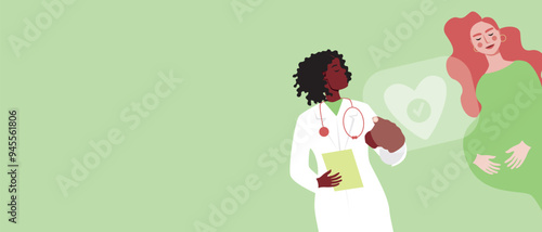Modern online pregnancy management, flat vector stock illustration or copy space template of adult pregnant woman in clinic and afro doctor