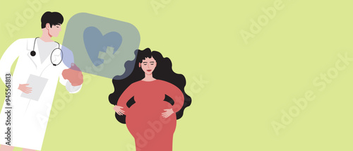 Modern online pregnancy management, flat vector stock illustration or copy space for design, pregnant woman and gynecologist doctor