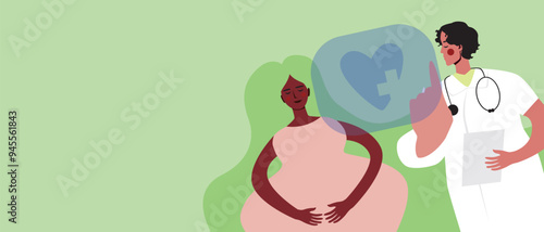 Modern online pregnancy management, flat vector stock illustration or copy space template of pregnant woman and gynecologist doctor