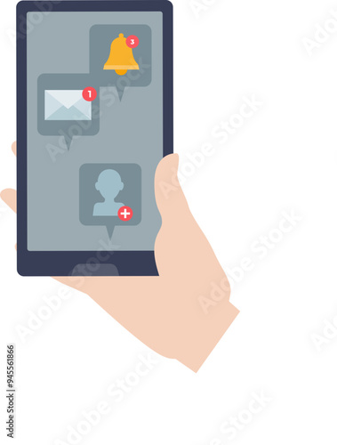 Hand holding a smartphone with various notification icons for messages, alerts, and friend requests.