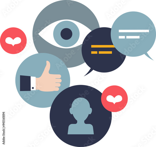 Graphic icons representing social media engagement: like, user profile, eye, heart, speech bubbles.