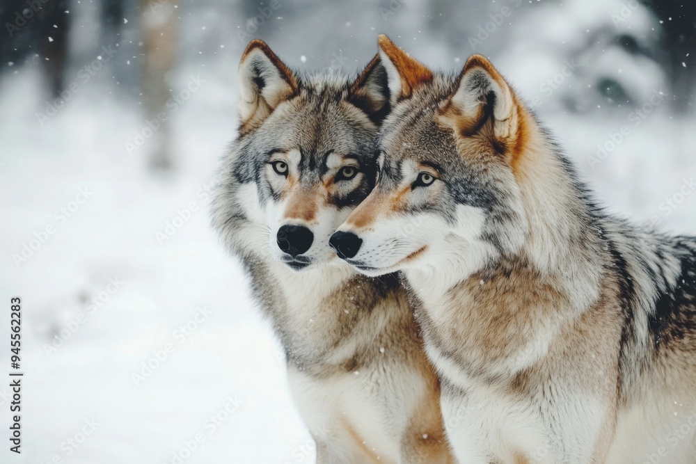 portrait of two wolves in the snow forest portrait of two wolves in the snow forest
