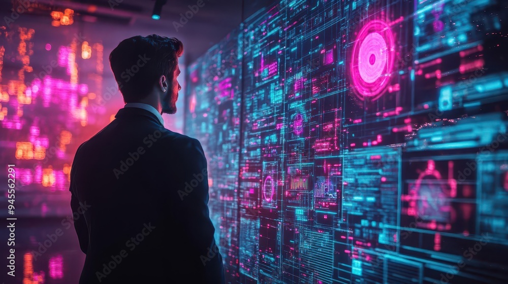 Businessman in a futuristic office, holographic screens, neon lighting, cyberpunk style, high detail Businessman in a futuristic office, holographic screens, neon lighting, cyberpunk style, high detail