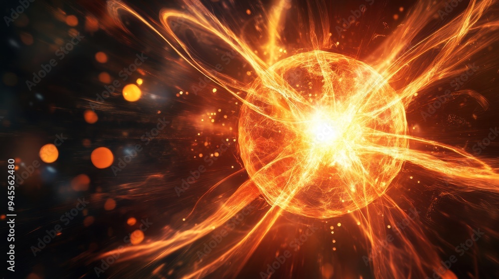 Naklejka premium Visual of nuclear fission showing an atom splitting into particles with intense energy and light scattering in a dramatic scene.