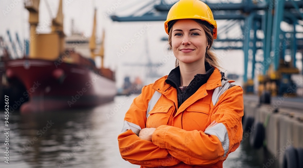 Female Engineer Overlooking Harbor Operations Female Engineer Overlooking Harbor Operations