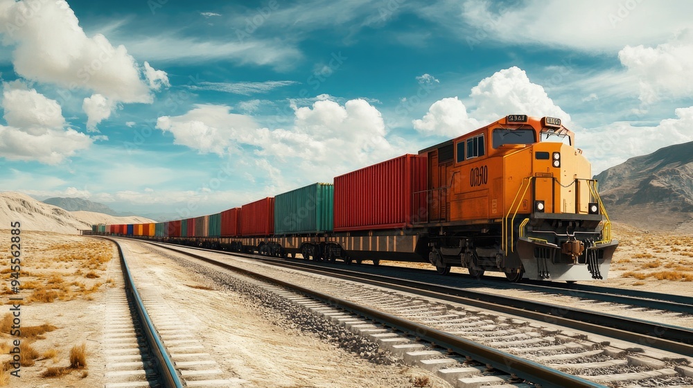 Obraz premium Cargo train loaded with containers, moving across a country border, symbolizing international trade
