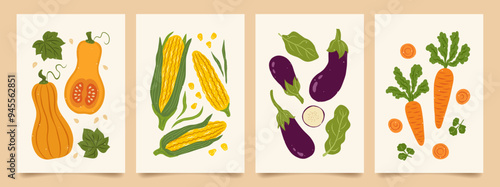 Set of abstract art print in vegetables. Modern poster with hand drawn pumpkins, carrot, corn cobs, eggplant. Autumn vegetables. Vector trendy illustration for wall decor, flyer, brochure, cover.