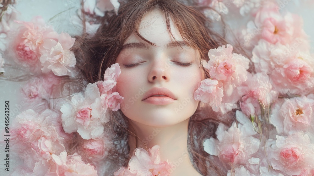 Woman surrounded by soft pink flowers in a dreamy, ethereal portrait, blending gentle colors and floral beauty.
