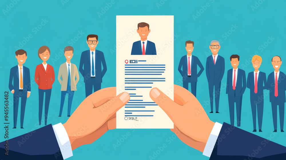 Job position candidate and curriculum. Hands holding a CV profile, selecting from a group of business people for hiring. Vector illustration of an interview process. Job position candidate and curriculum. Hands holding a CV profile, selecting from a group of business people for hiring. Vector illustration of an interview process.