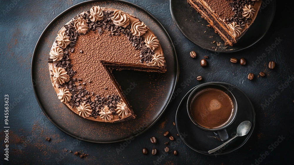 Indulgent Coffee Break with Chocolate Cake and Ice Cream on Dark Background - Top View with Copy Space for Text Indulgent Coffee Break with Chocolate Cake and Ice Cream on Dark Background - Top View with Copy Space for Text