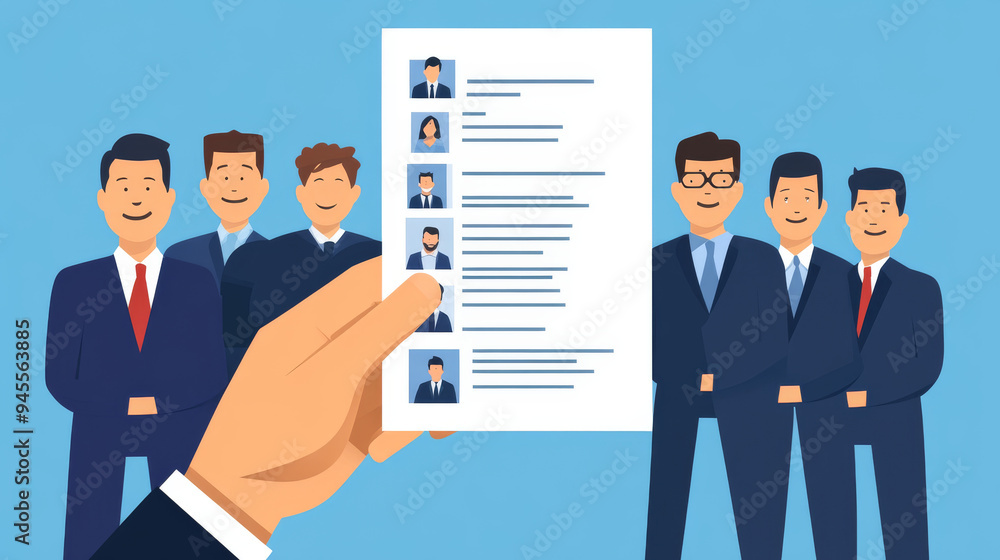 Job position candidate and curriculum. Hands holding a CV profile, selecting from a group of business people for hiring. Vector illustration of an interview process. Job position candidate and curriculum. Hands holding a CV profile, selecting from a group of business people for hiring. Vector illustration of an interview process.