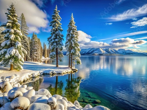Snow-capped evergreen trees stand tall along the serene frozen shoreline of Lake Tahoe, surrounded by majestic Sierra Nevada mountains under a crisp winter sky.