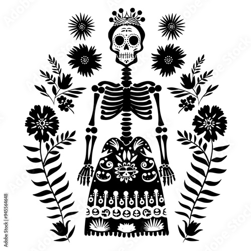 Day of the Dead Skeleton with Floral Decor, Black and white illustration of a Day of the Dead skeleton wearing traditional attire, surrounded by intricate floral patterns, symbolizing Mexican cultural