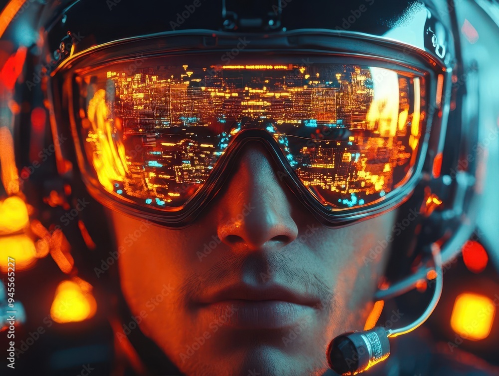 Pilot with aviator sunglasses, in a futuristic cockpit with holographic controls, cyberpunk, high detail Pilot with aviator sunglasses, in a futuristic cockpit with holographic controls, cyberpunk, high detail