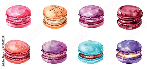 A set of appetizing french macaroon cakes png. Watercolor macaroons on a transparent background. Concept of desserts and sweets. Vector illustration.
