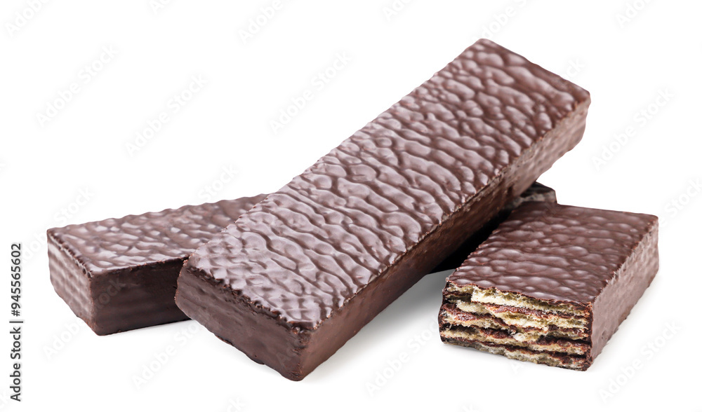 Chocolate covered wafers and half close-up on white. Isolated Chocolate covered wafers and half close-up on white. Isolated