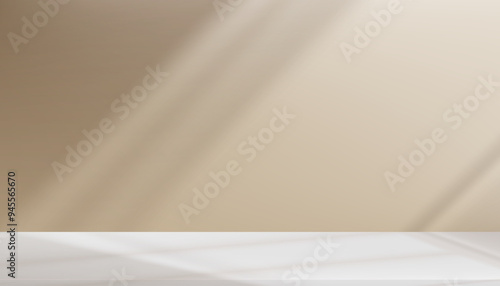 Background Beige Wall with Shadow,Light.Studio Room and 3d Podium for Cosmetic Product,White light on Empty Interior Kitchen.Backdrop Banner Cream Color with Blur Sunlight Texture on Floor