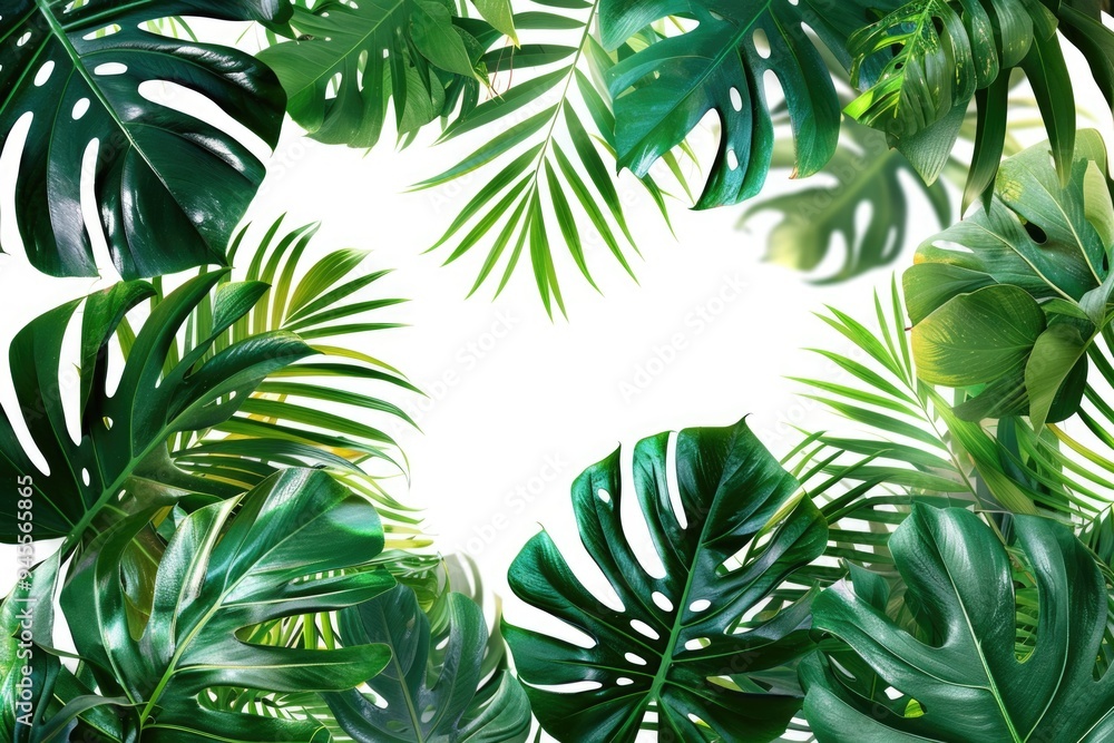 A collection of tropical plants arranged on a white surface, ideal for use in designs related to nature and travel A collection of tropical plants arranged on a white surface, ideal for use in designs related to nature and travel