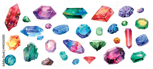 Watercolor set of gems png. Various stones and gems, natural stones on isolated background. Vector illustration.