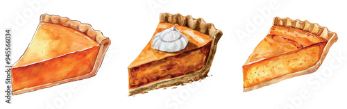 Watercolor set of pieces of pies, cheesecakes on a transparent background. Delicious pieces of cheesecake and other types of png pies. Thanksgiving concept. Vector illustration.