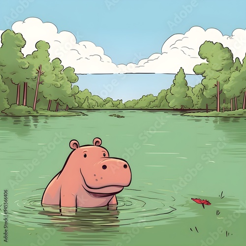 A HIPPO IN THE CARTOON FOREST photo